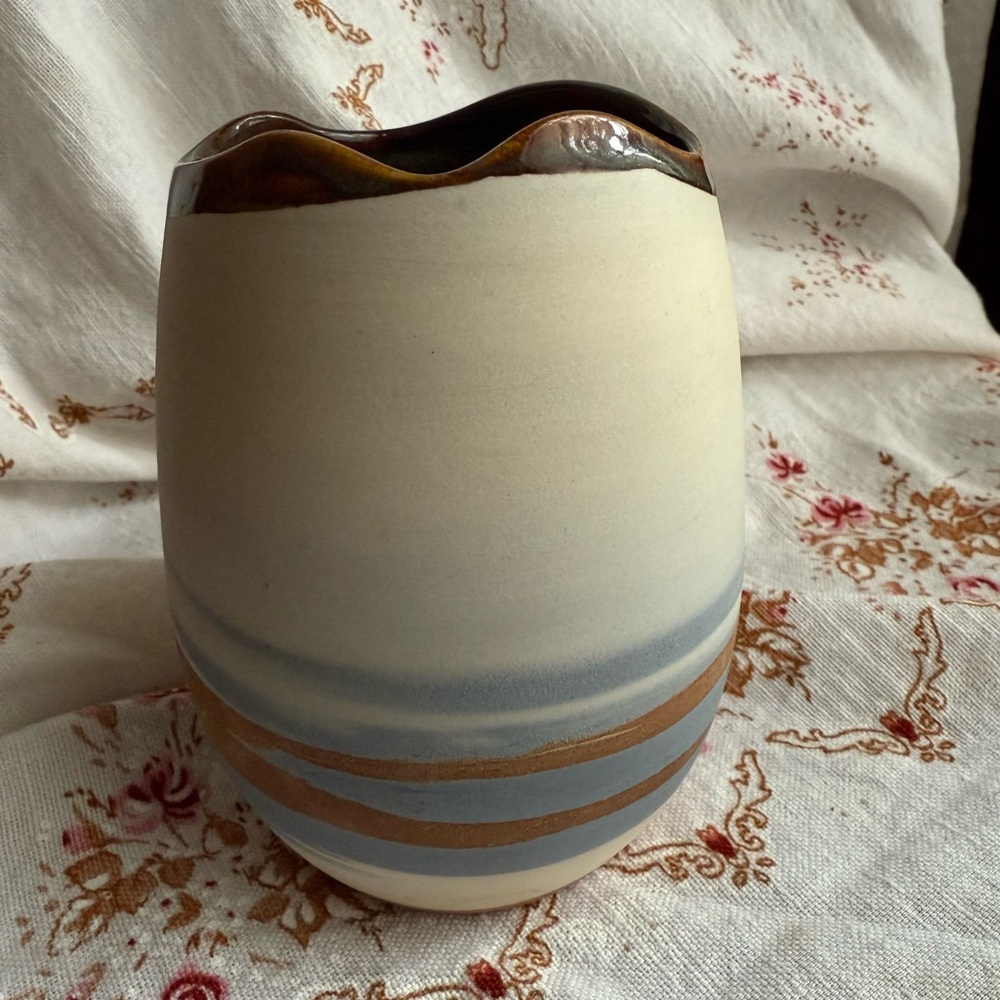 Artisan Cream, Blue and Sand Pottery Vase Made in Prince Edward Island Signed